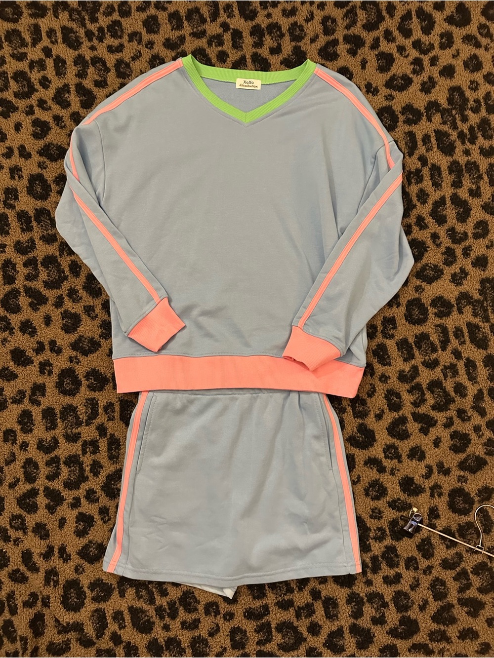 XOXO Pastel Blue Sweat Set with Pink Trim and Lime Neckline